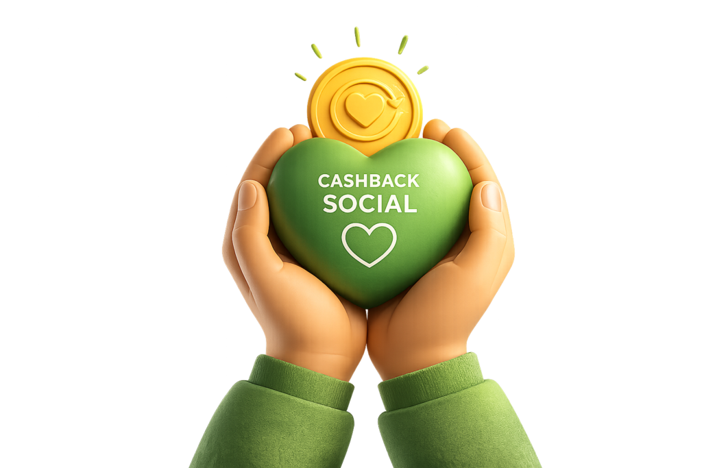Mãos segurando um coração que representa o Cashback Social